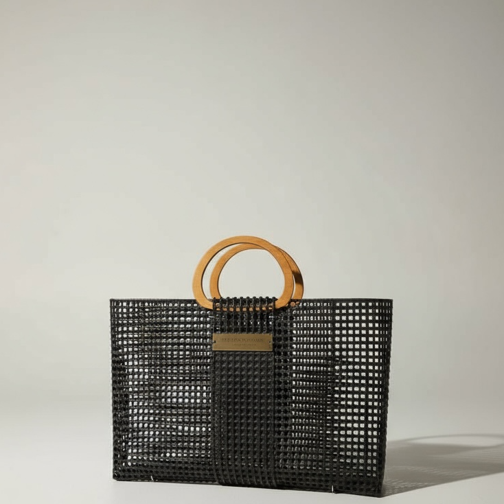 Coastal Handbag Crafted from Recycled Oyster Mesh: Wood Handle