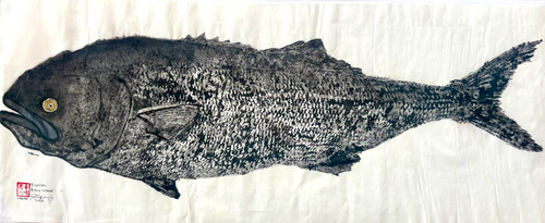 artwork of fish rubbing on a white background with a visible brand logo.